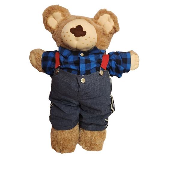 XAVIER ROBERTS Vintage 1986 FURSKINS 
23" STUFFED BEAR Plaid Denim Collectible - Picture 1 of 7